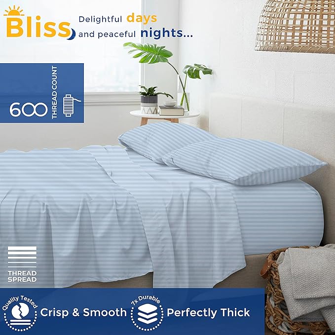 THREAD SPREAD Luxury Egyptian Cotton King Stripe Sheet Set, 600 Thread Count Extra Long Staple 4 PC Set, King Damask Sheets, Soft, Cooling Sateen Weave Sheets Upto 18" Deep Pocket - Light Blue - LeafyLoom