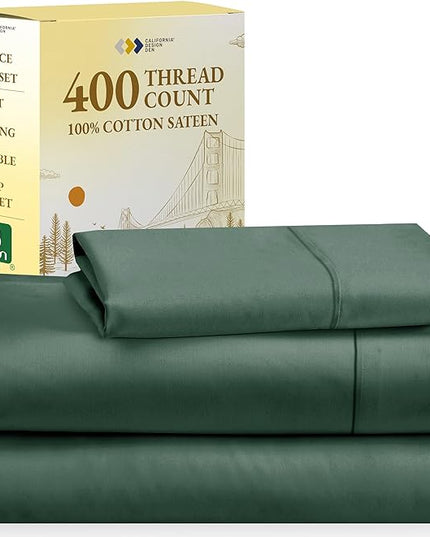 California Design Den Soft 100% Cotton Sheets, Twin XL Sheets Set, 3 Pieces, 400 Thread Count Sateen, Dorm Rooms & Adults, Deep Pocket Sheets, Cooling Sheets (Hunter Green) - LeafyLoom