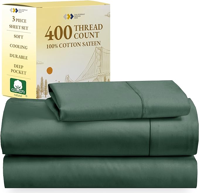 California Design Den Soft 100% Cotton Sheets, Twin XL Sheets Set, 3 Pieces, 400 Thread Count Sateen, Dorm Rooms & Adults, Deep Pocket Sheets, Cooling Sheets (Hunter Green) - LeafyLoom