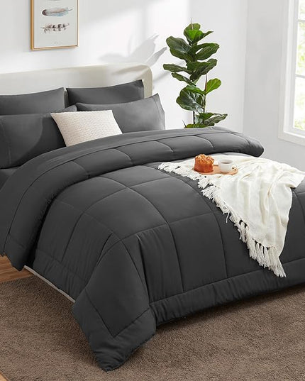 CozyLux California King Size Comforter Sets - 7 Pieces Bed in a Bag Set Dark Grey, Bedding Sets Cal King with All Season Quilted Comforter, Flat Sheet, Fitted Sheet, Pillowcases, Dark Grey - LeafyLoom