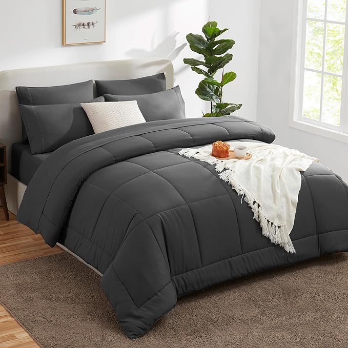CozyLux California King Size Comforter Sets - 7 Pieces Bed in a Bag Set Dark Grey, Bedding Sets Cal King with All Season Quilted Comforter, Flat Sheet, Fitted Sheet, Pillowcases, Dark Grey - LeafyLoom