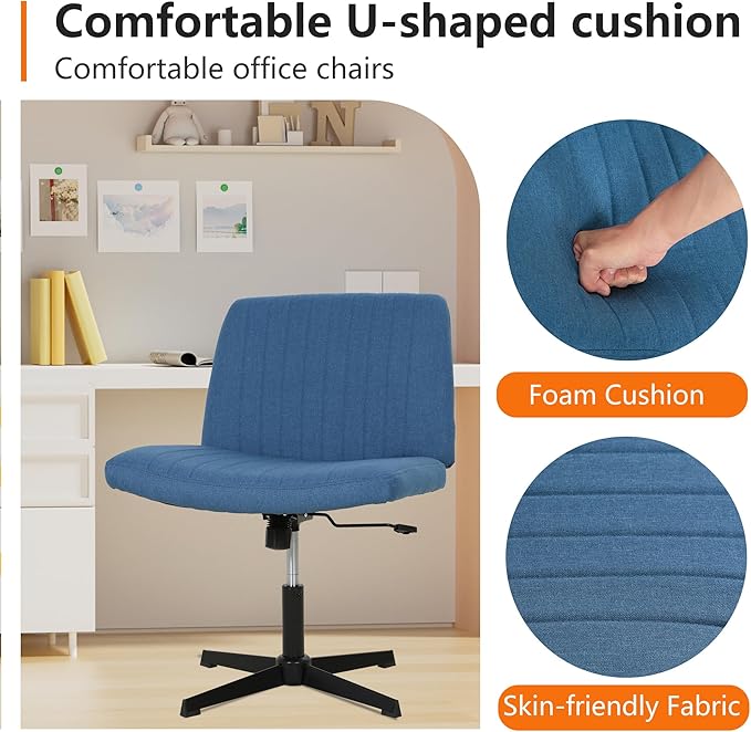 FDW Criss Cross Chair Armless Cross Legged Office Desk Chair Adjustable Swivel Ergonomic Gaming Chair No Wheels Backrest with Wide Seat Native Sponge Computer Task Vanity Chair for Home Office,Blue - LeafyLoom