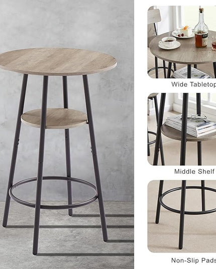 3 Pieces Bistro Table and Chairs Set, Industrial Counter Height Round Bar Table with Storage Shelf, 2 PU Upholstered Seat Stools with Backrest & Footrest, for Kitchen, Bar, Small Space, Grey - LeafyLoom