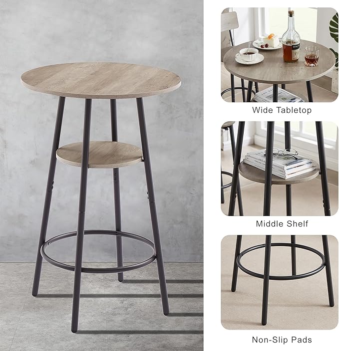 Dining Table Set, Bistro Table and Chairs Set of 2 with Upholstered Cushion, Storage Shelf and Backrest, Pub High Top Round Table Set for Kitchen, Dining Room and Home Bar, Grey - LeafyLoom