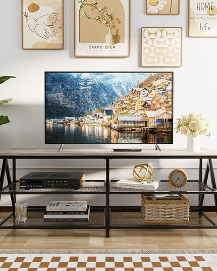 TV Stand for 60 65 Inch TV, Long 55" Entertainment Center 3-Tier TV Console Steel Frame Industrial Style TV Cabinet with Metal Frame for Living Room, Gray - LeafyLoom