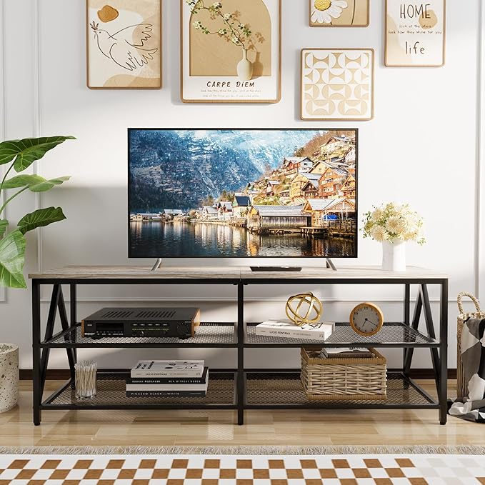 TV Stand for 60 65 Inch TV, Long 55" Entertainment Center 3-Tier TV Console Steel Frame Industrial Style TV Cabinet with Metal Frame for Living Room, Gray - LeafyLoom