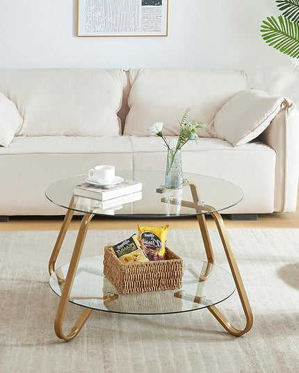 HOMBAZAAR Glass Coffee Table, Modern Coffee Table with Metal Frame and Tempered Glass Tabletop, 2-Tier Round Center Table for Living Room, Meeting Room, Gold - LeafyLoom