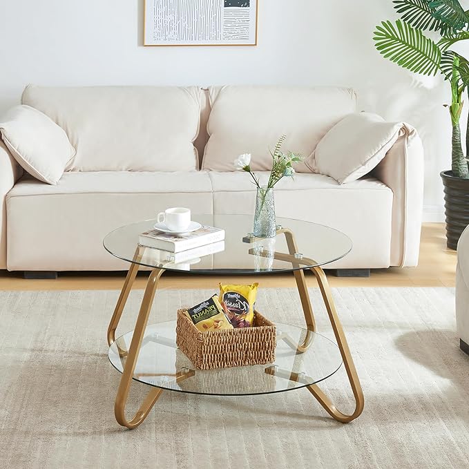 HOMBAZAAR Glass Coffee Table, Modern Coffee Table with Metal Frame and Tempered Glass Tabletop, 2-Tier Round Center Table for Living Room, Meeting Room, Gold - LeafyLoom