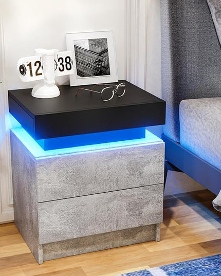 HOMMPA LED Nightstand Grey Matte Bedside Table with Led Lights Modern Night Stand with 2 Drawers Led Night Table Smart Nightstand for Bedroom 20.5” Tall - LeafyLoom