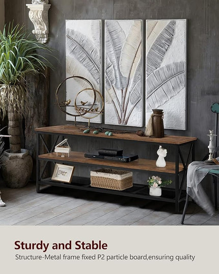 WEENFON Wood TV Stand for 55 Inch TV, 47 Inch Metal TV Table with Adjustable Leg, Unique Rustic Storage Shelve for Living Room, 3-Tiers TV Console for Bedroom, Rustic Brown - LeafyLoom