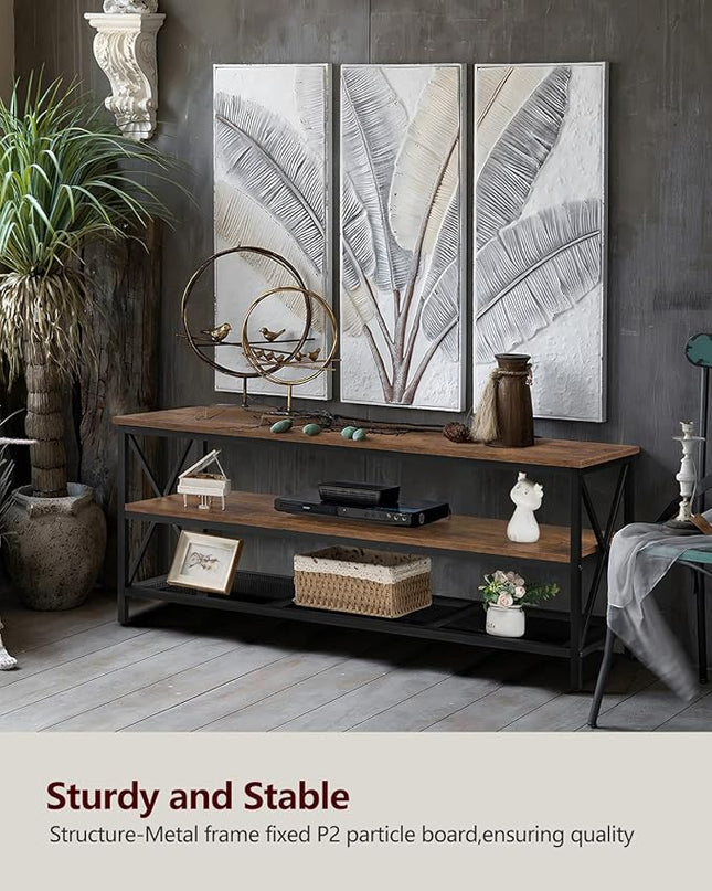 WEENFON Wood TV Stand for 55 Inch TV, 47 Inch Metal TV Table with Adjustable Leg, Unique Rustic Storage Shelve for Living Room, 3-Tiers TV Console for Bedroom, Rustic Brown - LeafyLoom