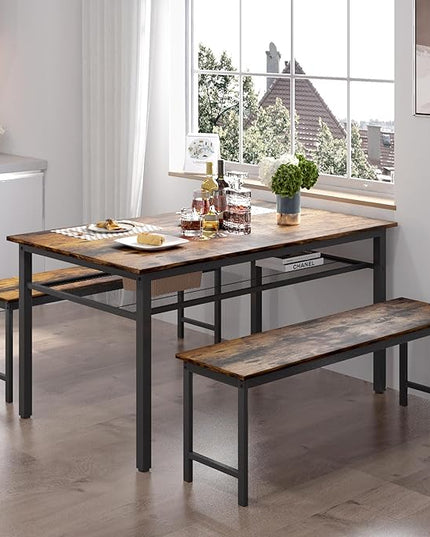 NicBex Kitchen Table Set Breakfast Nook Table Set 3 Pieces Farmhouse Kitchen Table Set with 2 Benches for Dining Room Farmhouse Office, Metal Frame and MDF Board, Brown - LeafyLoom