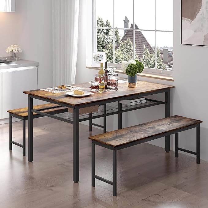 NicBex Kitchen Table Set Breakfast Nook Table Set 3 Pieces Farmhouse Kitchen Table Set with 2 Benches for Dining Room Farmhouse Office, Metal Frame and MDF Board, Brown - LeafyLoom