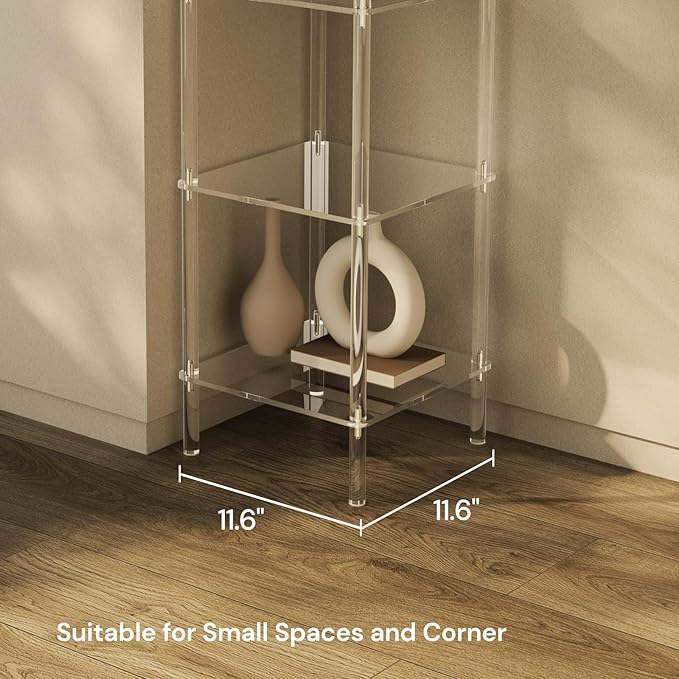 5 Tier Square Acrylic Bookshelf, Small Bookcase with Acrylic Fittings for Fixing to Wall, Corner Display Shelf for Living Room, Bedroom, Bathroom, Small Spaces, Clear, 11.6'' W x 44'' H - LeafyLoom