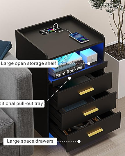 RGB Nightstand-Bedside-End-Table with USB &Wireless Charging Station: Smart Nightstand for Sofa Table with Human-Body Inductions, Modern Bedroom Furniture with Drawers for Living Room, Black - LeafyLoom