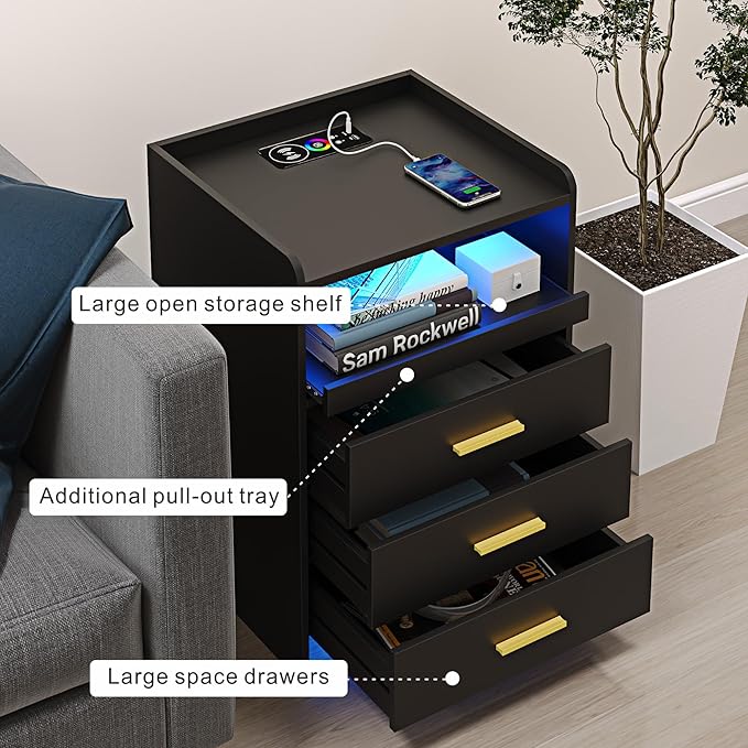 RGB Nightstand-Bedside-End-Table with USB &Wireless Charging Station: Smart Nightstand for Sofa Table with Human-Body Inductions, Modern Bedroom Furniture with Drawers for Living Room, Black - LeafyLoom