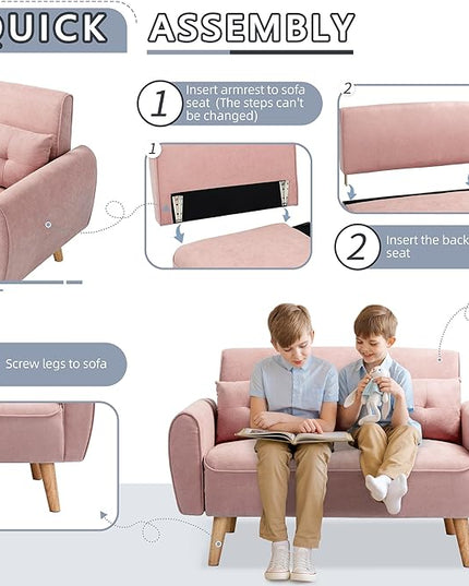 Shintenchi 47" Loveseat Wood Sofa with High-Density Sponge Cushion, Mid-Century Modern Design, Pink - LeafyLoom