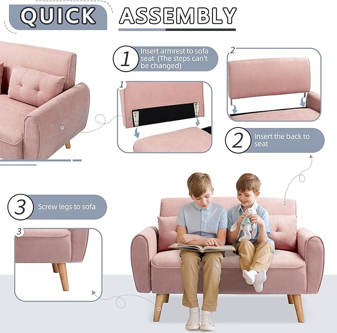 Shintenchi 47" Loveseat Wood Sofa with High-Density Sponge Cushion, Mid-Century Modern Design, Pink - LeafyLoom