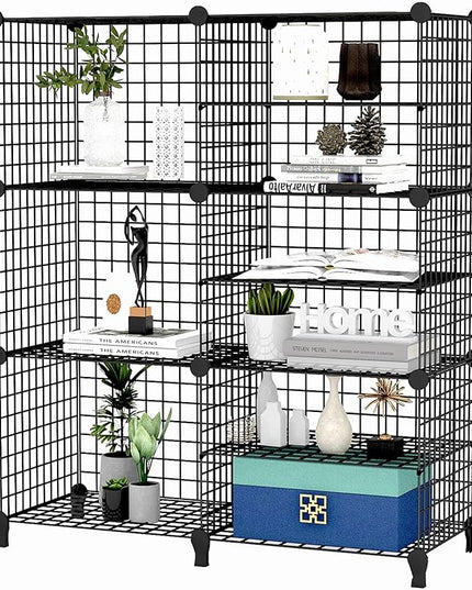Wolizom Wire Cube Storage, Metal Grids Shelves Bookshelf, Stackable Modular Shelving Organizer, DIY Closet Bookcase Bookshelf, Grid Storage Shelf for Bedroom, Living Room, Office (Black, 3+6 Cube) - LeafyLoom