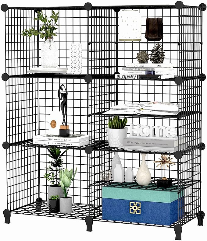 Wolizom Wire Cube Storage, Metal Grids Shelves Bookshelf, Stackable Modular Shelving Organizer, DIY Closet Bookcase Bookshelf, Grid Storage Shelf for Bedroom, Living Room, Office (Black, 3+6 Cube) - LeafyLoom