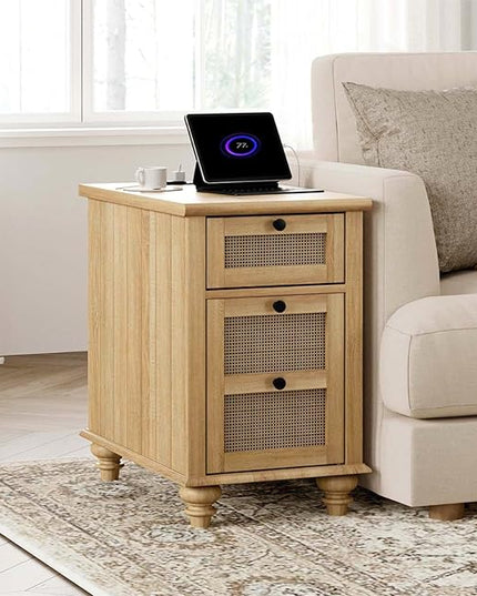 WAMPAT Farmhouse Rattan End Table with Charging Station, Wood Side Table with Drawer & Storage Cabinet, Oak Nightstand with Power Outlets & USB Ports for Living Room, Bedroom, Burlywood - LeafyLoom