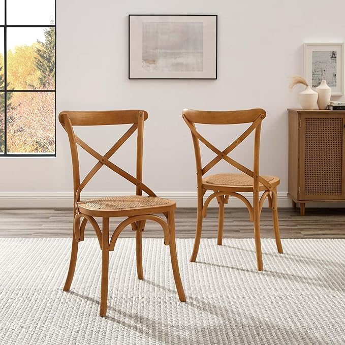 Modway Gear Rustic Modern Farmhouse Elm Wood Rattan Two Dining Chairs in Walnut - LeafyLoom