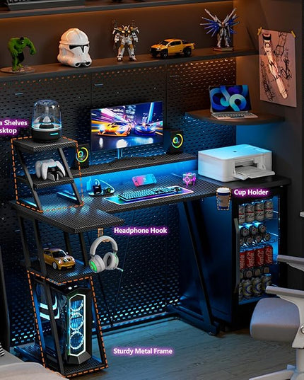 L Shaped Gaming Desk with LED Lights & Power Outlet, 39 Inch Computer Desk with Extra Storage Shelves, Reversible Gamer Workstations with Monitor Stand for Bedroom, Carbon Fiber Black - LeafyLoom