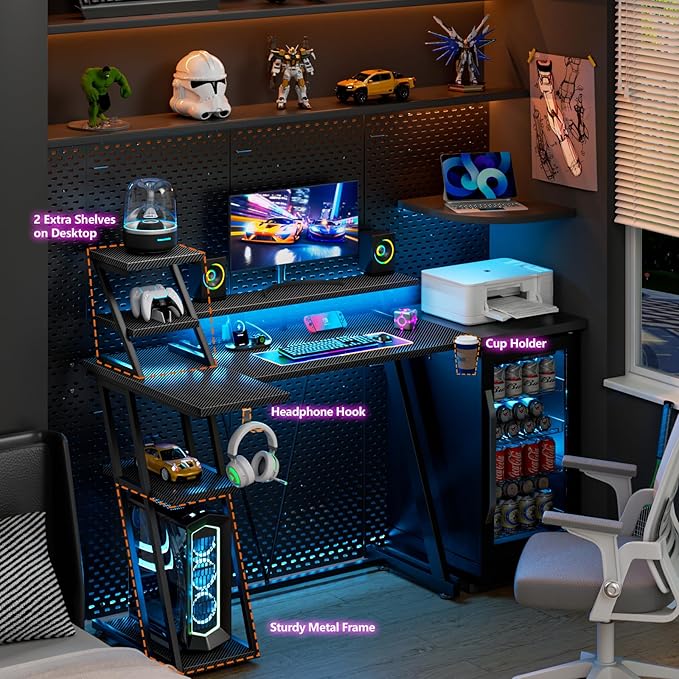 L Shaped Gaming Desk with LED Lights & Power Outlet, 39 Inch Computer Desk with Extra Storage Shelves, Reversible Gamer Workstations with Monitor Stand for Bedroom, Carbon Fiber Black - LeafyLoom