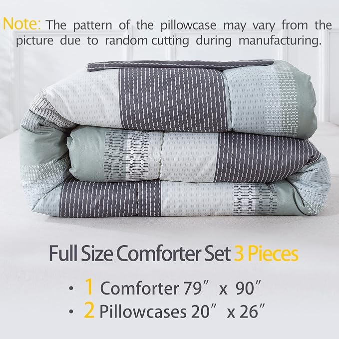 Andency Stripe Comforter Set Full Size (79x90 Inch), 3 Pieces Mint Green Patchwork Striped Comforter, Soft Microfiber Down Alternative Comforter Bedding Set with Corner Loops - LeafyLoom