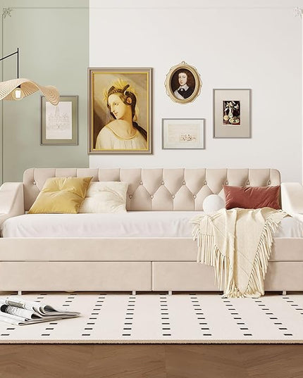 Twin Size Daybed with Storage Armrests & 2 Drawers,Upholstered Sofa Bed W/USB Ports & Button Tufted Backrest,No Box Spring Needed,Multi-Function Bedframe for Living Room Bedroom,Beige Velvet - LeafyLoom