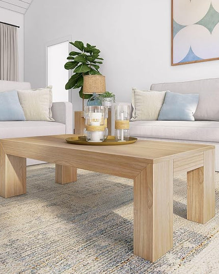 Plank+Beam Modern Rectangular Coffee Table, Solid Wood, 48 Inch, Medium Sized Coffee Table, Center Tables for Small Spaces, Living Space Medium Tea Table, Blonde Wirebrush - LeafyLoom