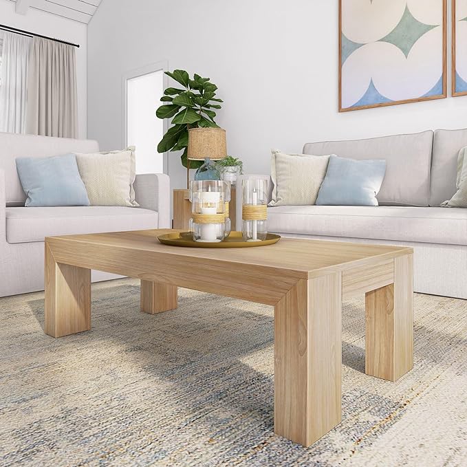 Plank+Beam Modern Rectangular Coffee Table, Solid Wood, 48 Inch, Medium Sized Coffee Table, Center Tables for Small Spaces, Living Space Medium Tea Table, Blonde Wirebrush - LeafyLoom