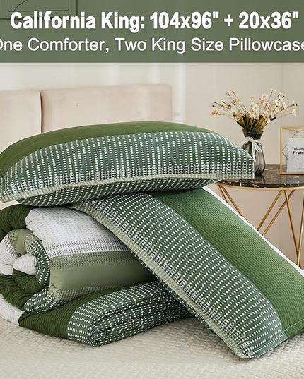 Litanika Olive Green Comforter Set California King - 3 Pieces Lightweight Olive Green White Colorblock Stripe Fluffy Bedding Comforter Sets, All Season Bed Set - LeafyLoom