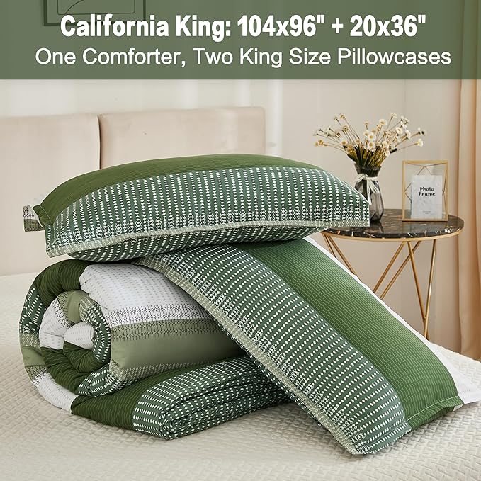 Litanika Olive Green Comforter Set California King - 3 Pieces Lightweight Olive Green White Colorblock Stripe Fluffy Bedding Comforter Sets, All Season Bed Set - LeafyLoom