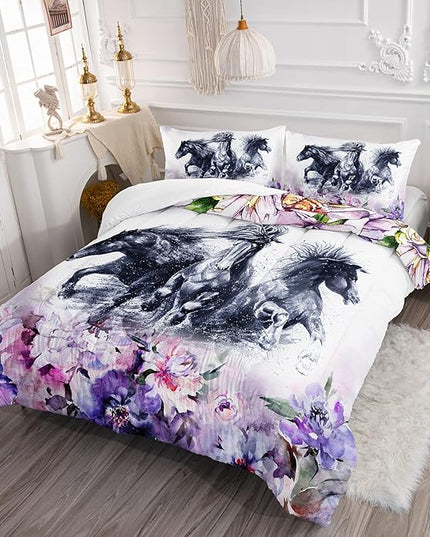 Kid Galloping Horse Comforter Set Room Purple Floral Animal Theme Handsome Horse Bedding Set for Boys Girls Adult, 1 Comforter + 2 Pillowcases - LeafyLoom