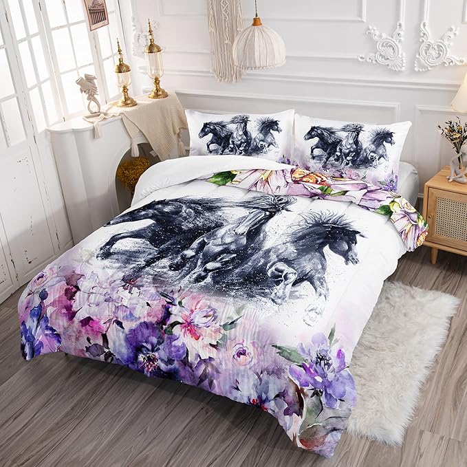 Kid Galloping Horse Comforter Set Room Purple Floral Animal Theme Handsome Horse Bedding Set for Boys Girls Adult, 1 Comforter + 2 Pillowcases - LeafyLoom