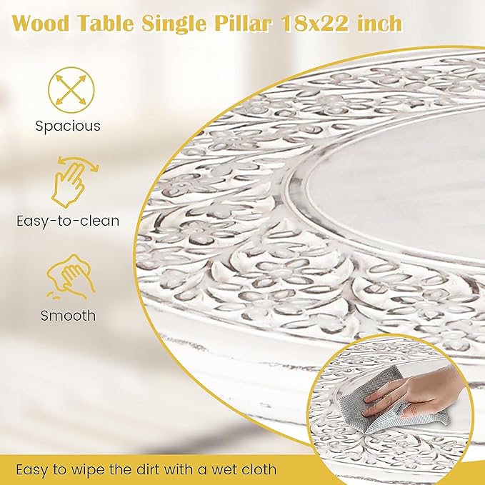 Side Table,Round End Table,Small Table,Side Tables Living Room,End Table,Round Side Table,Altar Table, Carved Side Table,Wood Accent Table,Carved Wood Table Single Pillar 18x22 inch White Antique - LeafyLoom