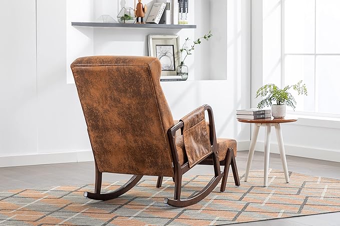 Armchair with Ottoman, Mid-Century Upholstered Accent Nursery, Glider Rocker Thick Cushion, Comfy Indoor Leisure Lounge Living Room, Bedroom, Office, Rocking Chair, Coffee - LeafyLoom