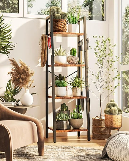 YMYNY 4 Tiers Ladder Bookcase, Industrial Narrow Bookshelf, Open Display Rack with 4 S Hooks, Metal Storage Shelves for Bedroom, Home Office, Living Room, Rustic Brown, 49.2H*13.4L*11.8W, UHBC024H - LeafyLoom