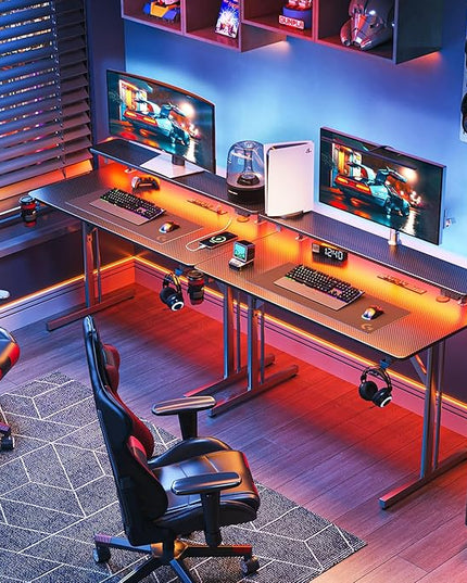 MOTPK Small Gaming Desk with LED Lights & Power Outlets, 31 Inch Computer Desk Gaming Table with Monitor Shelf, Gamer Desk with Carbon Fiber Texture, Kids Boys Desk Gift for Men - LeafyLoom