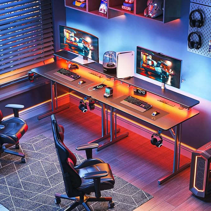 MOTPK Small Gaming Desk with LED Lights & Power Outlets, 31 Inch Computer Desk Gaming Table with Monitor Shelf, Gamer Desk with Carbon Fiber Texture, Kids Boys Desk Gift for Men - LeafyLoom