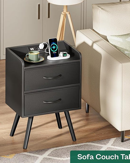 Night Stand with Charger Station, Nightstand with Drawers, Bedside Table, End Table with Solid Wood Feet, Black Nightstand, Side Tables for Bedroom - LeafyLoom