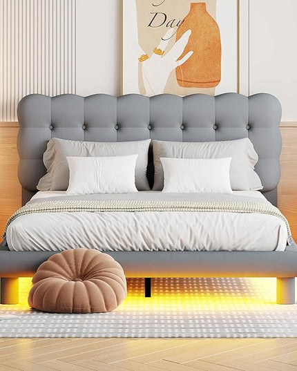 Queen Size Velvet Platform Bed with LED Lights and Remote Control,Bedroom Wooden Bed Frame w/Thick & Soft Fabric,Button-tufted Design Headboard,for Girls Boys Kids Teens Adults,Gray - LeafyLoom