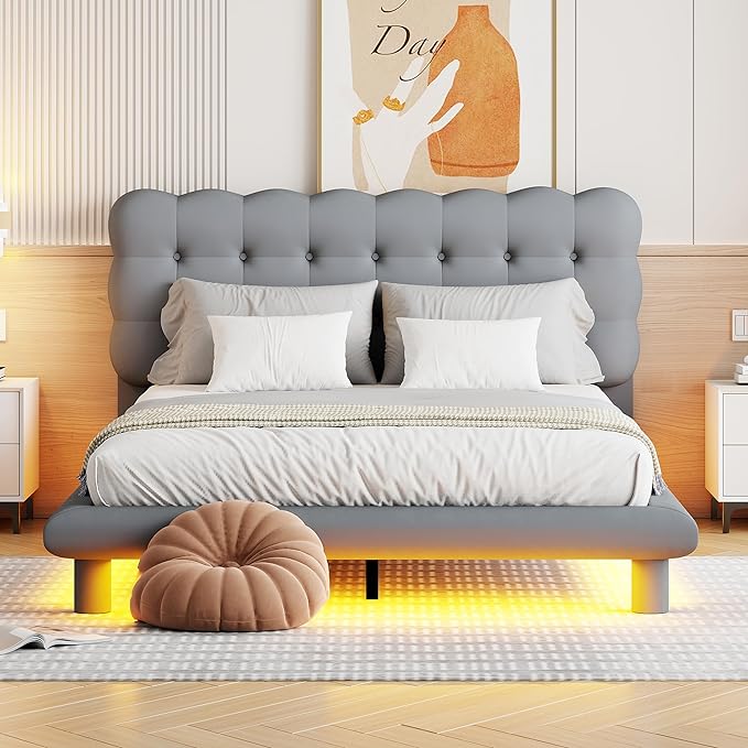 Queen Size Velvet Platform Bed with LED Lights and Remote Control,Bedroom Wooden Bed Frame w/Thick & Soft Fabric,Button-tufted Design Headboard,for Girls Boys Kids Teens Adults,Gray - LeafyLoom