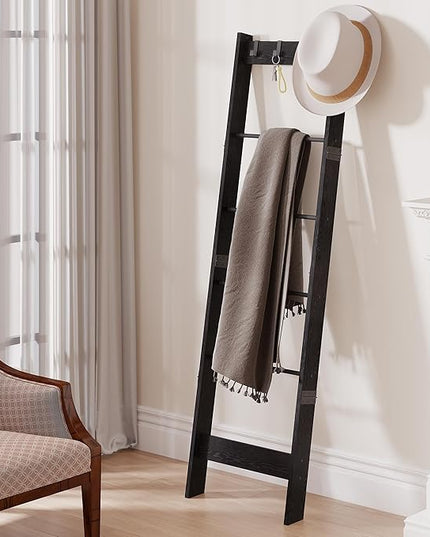 6 Tier Blanket Ladder Shelf for Living Room and Bedroom, Ladder Holder with 4 Metal Hooks, 5.2ft Blanket Quilt Holder Rack, Farmhouse Ladder Rack for Storage and Home Decor, Black - LeafyLoom