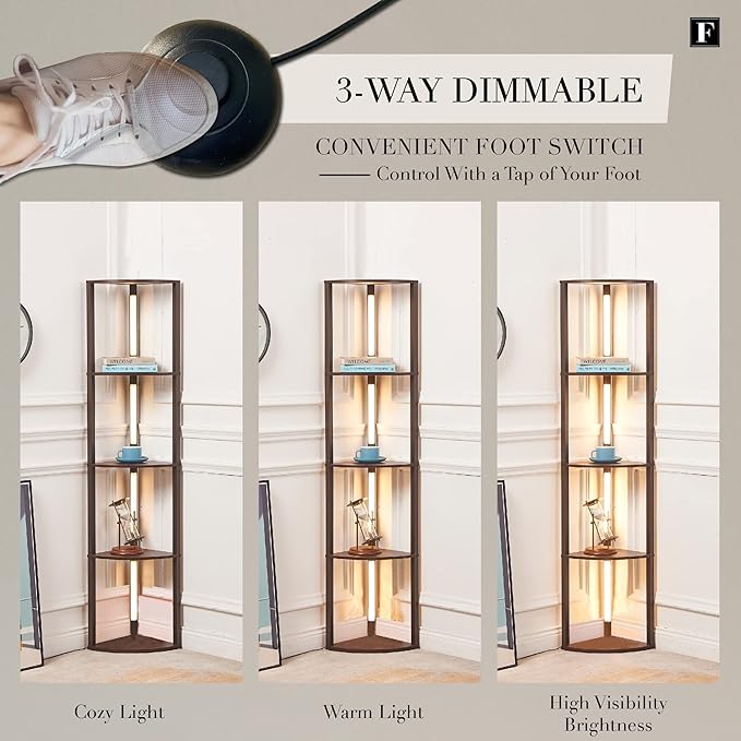 FENLO Fancy - LED Display Shelf with Dimmable Lights, LED Shelf Floor Lamps for Living Room, Sturdy Corner Shelf Curio Cabinet Display, Tall Floor Lamps with Shelves - LeafyLoom