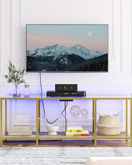HOOBRO TV Stand with LED Lights and Power Outlets for TVs up to 65", Modern 55 Inch Tempered Glass TV Console Table with Open Shelves, Media Entertainment Center for Living Room, Gold GD145UDS01 - LeafyLoom