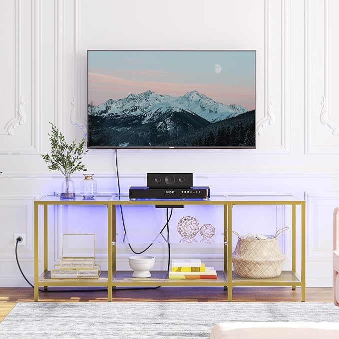 HOOBRO TV Stand with LED Lights and Power Outlets for TVs up to 65", Modern 55 Inch Tempered Glass TV Console Table with Open Shelves, Media Entertainment Center for Living Room, Gold GD145UDS01 - LeafyLoom