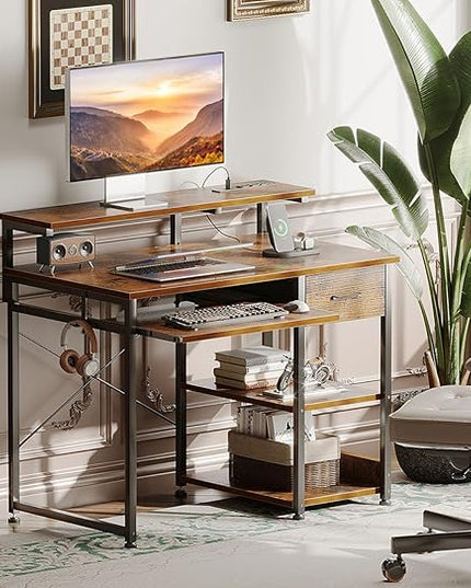 AODK Small Computer Desk with Keyboard Tray, 40 Inch Office Desk with Power Outlet, Work Desk with Drawer, Reversible Desk with Adjustable Monitor Shelf and Storage Shelf for Home, Rustic Brown - LeafyLoom