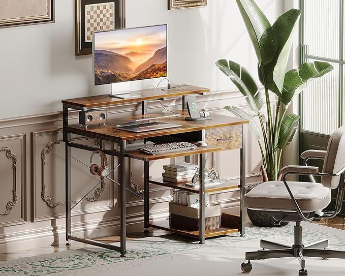 AODK Small Computer Desk with Keyboard Tray, 40 Inch Office Desk with Power Outlet, Work Desk with Drawer, Reversible Desk with Adjustable Monitor Shelf and Storage Shelf for Home, Rustic Brown - LeafyLoom